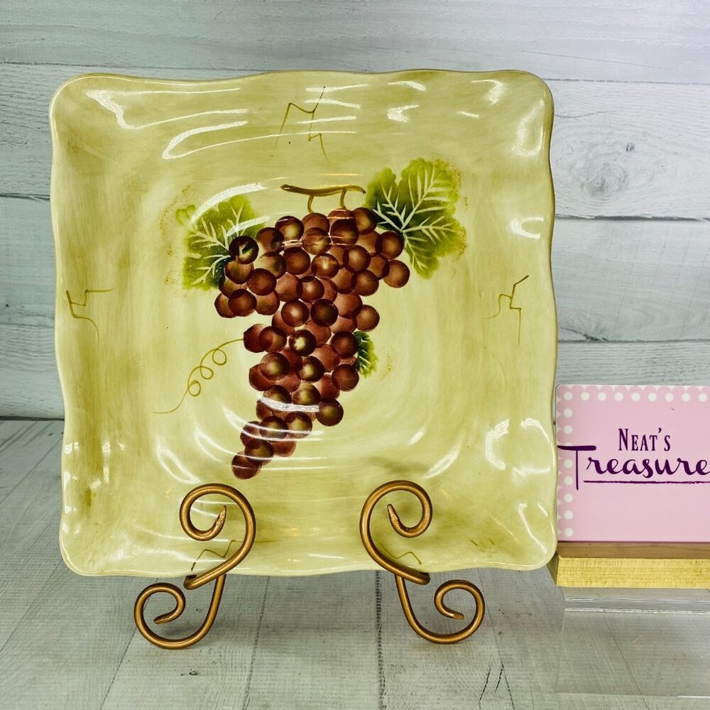 Tabletops CABERNET Rippled Hand Painted Red Grapes Ceramic Dinner Plate Platter